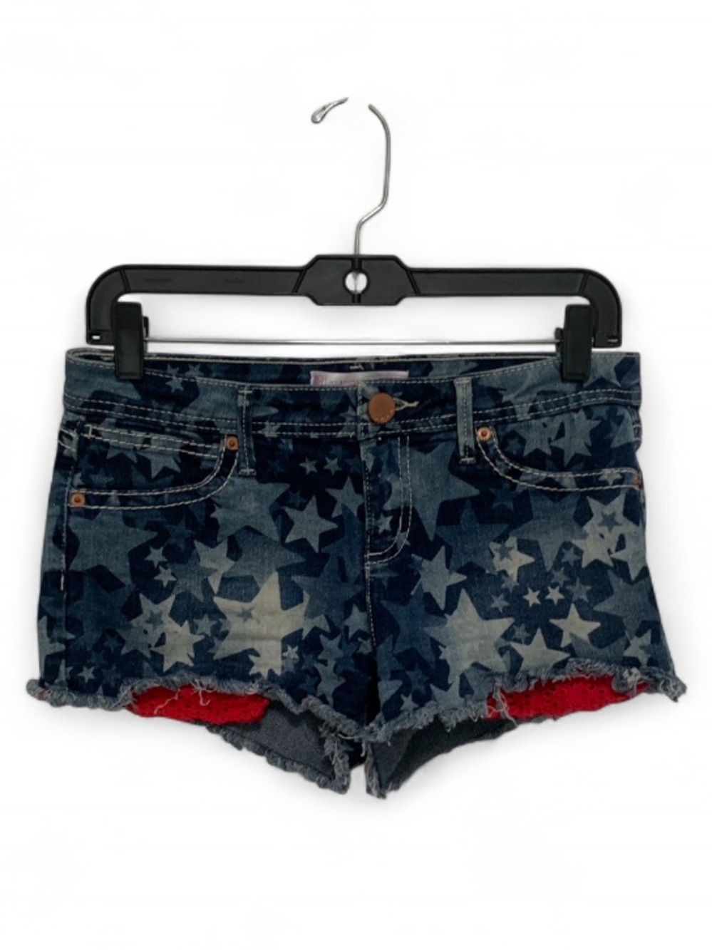 No Boundaries Blue Star-Print Denim Cutoff Shorts with Red Eyelet Pocket Linings